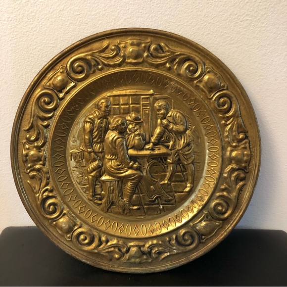 Vintage Brass Wall Plate –Embossed Pub Scene4 Men at Table Mid-Century England